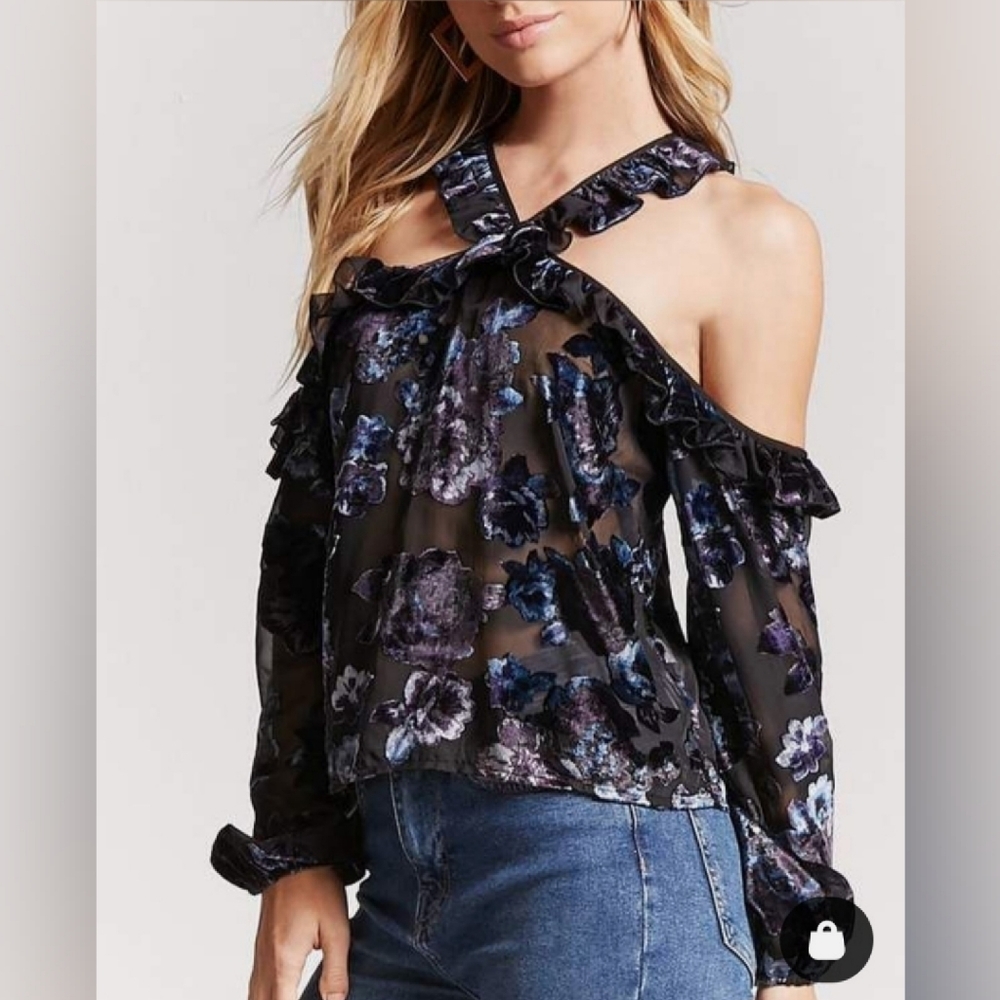 Forever 21 Halter Off Shoulder Long Sleeve Top Floral Velvet Sheer Whimsigoth